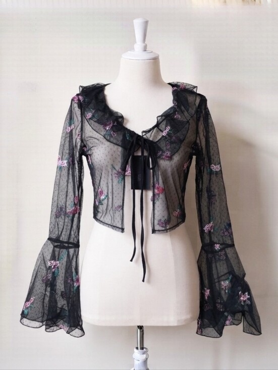 Dolls Kill Tops - Dolls kill widow Black sheer mesh blouse with pink floral embroidery and ruffled